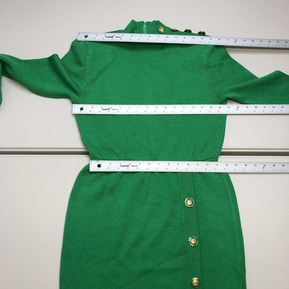 ST. JOHN Kelly Green Knit Wool Sheath Dress Size 4 Gold Buttons Vintage - Picture 5 of 11